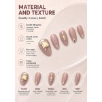 Grey‑Nude Medium‑Long Almond Press‑On Nails, Luxury Yellow Square Rhinestone Pearl Metal Decor Elegant False Nails